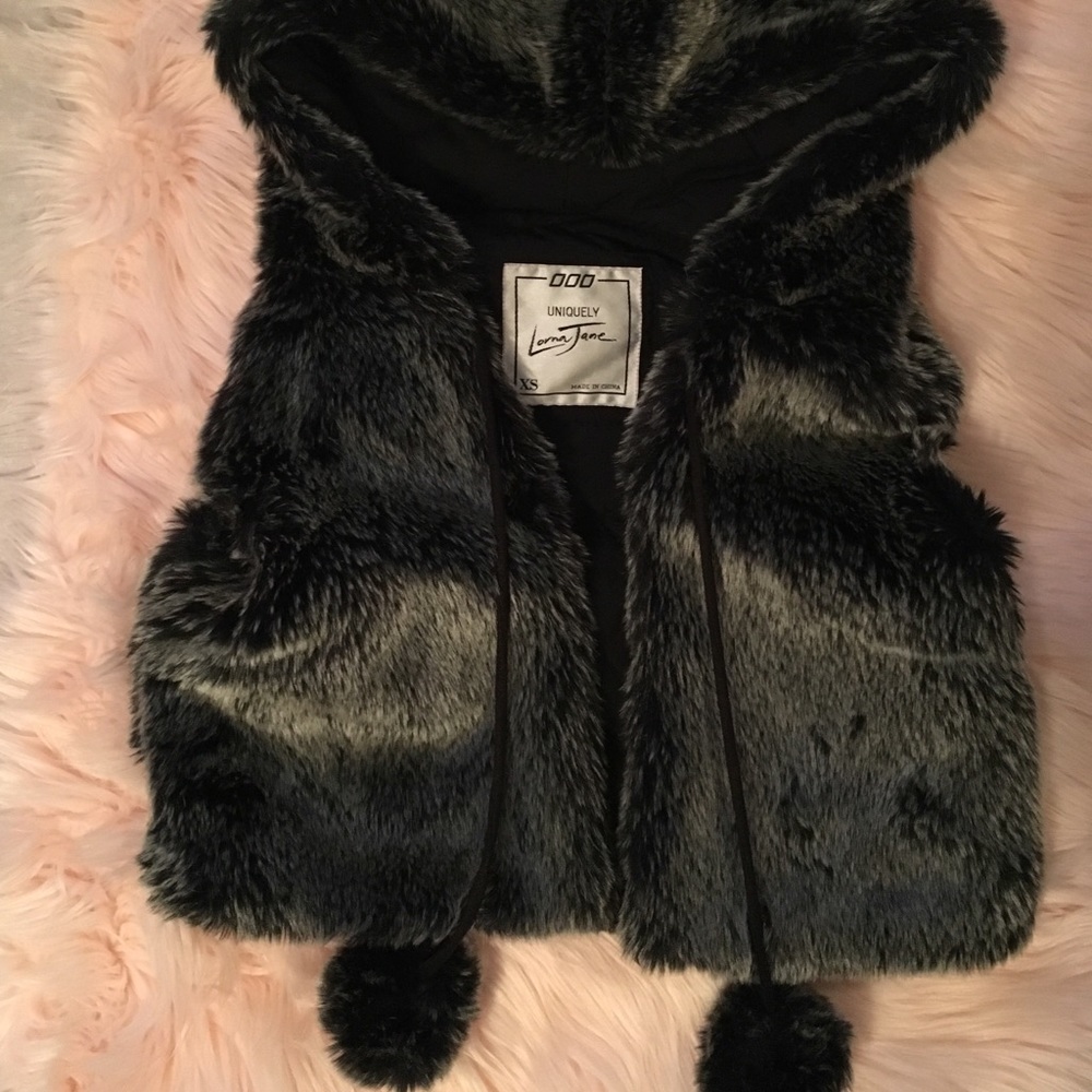LORNA JANE fur vest hoodie with pom-poms